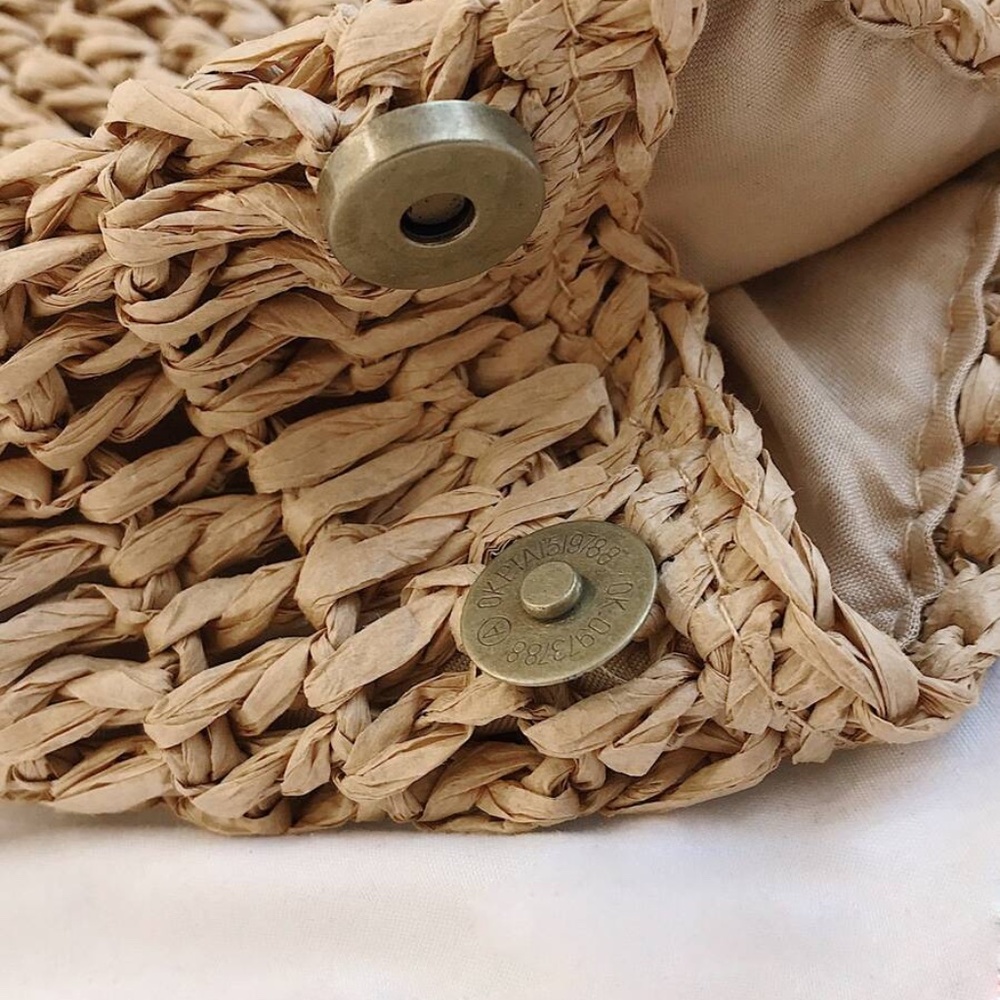 boho Cream Khaki straw bag wood handle tote - Picture 4 of 5